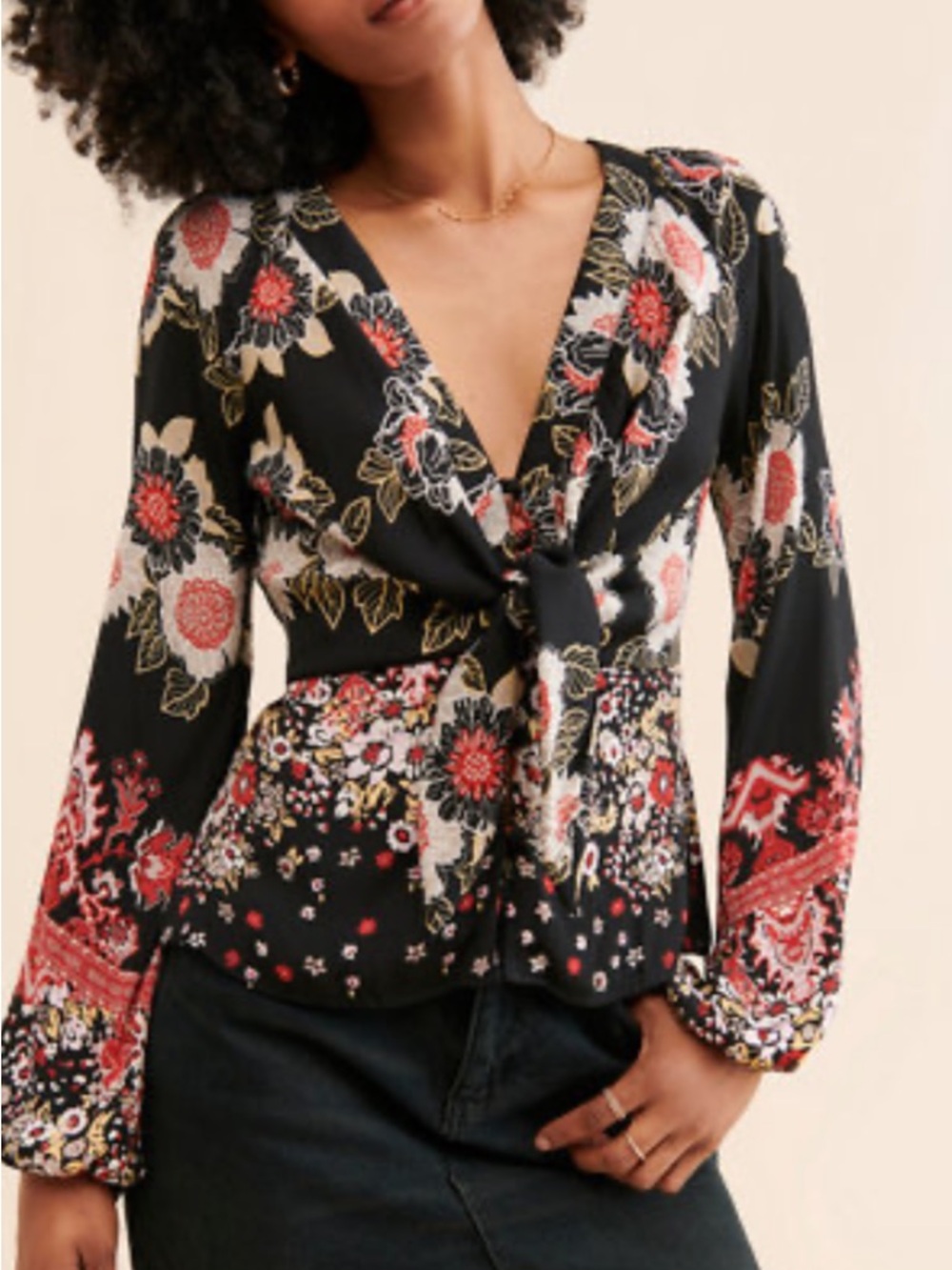 Black Floral Peplum Boho Corset Run Free balloon sleeve Free People Blouse